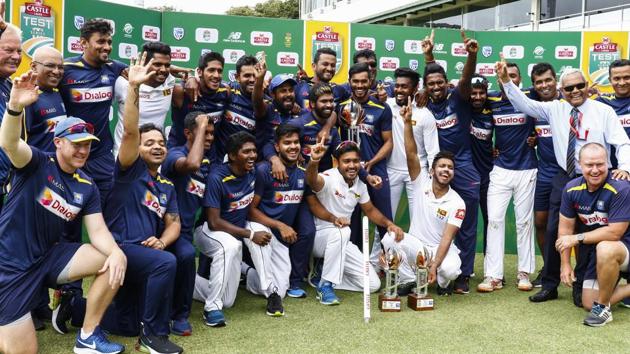 Sri Lanka cricket team celebrate winning their Test series win against South Africa. (AP) Sri Lanka cricket team celebrate winning their Test series win against South Africa. (AP)
