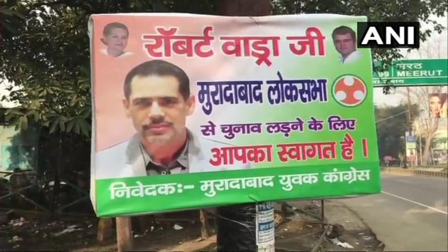 Posters in Moradabad welcomed Robert Vadra to contest elections from Lok Sabha constituency. (ANI) Posters in Moradabad welcomed Robert Vadra to contest elections from Lok Sabha constituency. (ANI)