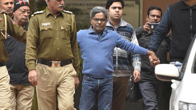 Rajiv Saxena, who is an accused in the AgustaWestland chopper scam, was provided three armed guards for his round-the-clock security after a Delhi district court granted him a regular bail on Monday. (Photo by Sanchit Khanna/ Hindustan Times)(Sanchit Khanna/HT PHOTO)