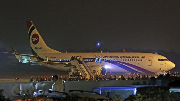 Bangladesh’s state-run Biman Bangladesh Airlines flight is seen after it made an emergency landing at the airport in Chittagong, Bangladesh on February 24.(AP Photo) Bangladesh’s state-run Biman Bangladesh Airlines flight is seen after it made an emergency landing at the airport in Chittagong, Bangladesh on February 24.(AP Photo)