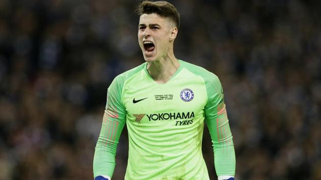 Chelsea goalkeeper Kepa Arrizabalaga reacts after stops a shot from Manchester City's Leroy Sane during a penalty shootout. (AP) Chelsea goalkeeper Kepa Arrizabalaga reacts after stops a shot from Manchester City's Leroy Sane during a penalty shootout. (AP)