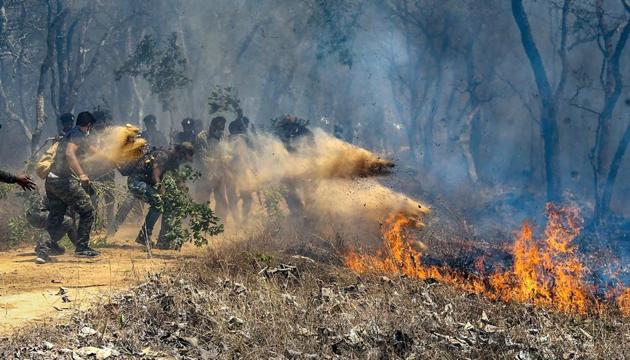 Rescue officials assist in extinguishing a forest fire at Bandipur Tiger Reserve, in Bandipur, Sunday, Feb 24, 2019.(PTI file photo) Rescue officials assist in extinguishing a forest fire at Bandipur Tiger Reserve, in Bandipur, Sunday, Feb 24, 2019.(PTI file photo)