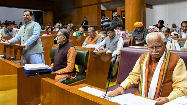 Haryana Finance Minister Captain Abhimanyu presented the Budget for the year 2019-20 in the state Assembly. No new taxes have been proposed in the Rs 132,165.99 crore budget. The GSDP (gross state domestic product) is expected to achieve a 8.2% growth, against 7.2% recorded at the national level. (PTI) Haryana Finance Minister Captain Abhimanyu presented the Budget for the year 2019-20 in the state Assembly. No new taxes have been proposed in the Rs 132,165.99 crore budget. The GSDP (gross state domestic product) is expected to achieve a 8.2% growth, against 7.2% recorded at the national level. (PTI)