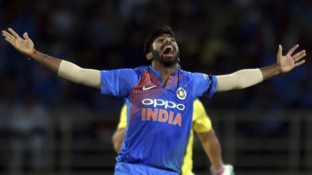 Jasprit Bumrah celebrates Aaron Finch’s dismissal. (PTI) Jasprit Bumrah celebrates Aaron Finch’s dismissal. (PTI)
