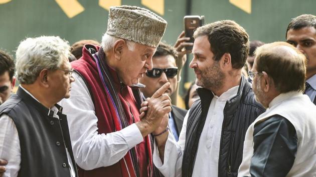 Congress president Rahul Gandhi (2nd R) with his National Conference counterpart Farooq Abdullah (2nd L) and CPI(M) general secretary Sitaram Yechury (left) and Loktantrik Janata Dal President Sharad Yadav (right) at an opposition rally in New Delhi. (PTI FILE PHOTO) Congress president Rahul Gandhi (2nd R) with his National Conference counterpart Farooq Abdullah (2nd L) and CPI(M) general secretary Sitaram Yechury (left) and Loktantrik Janata Dal President Sharad Yadav (right) at an opposition rally in New Delhi. (PTI FILE PHOTO)