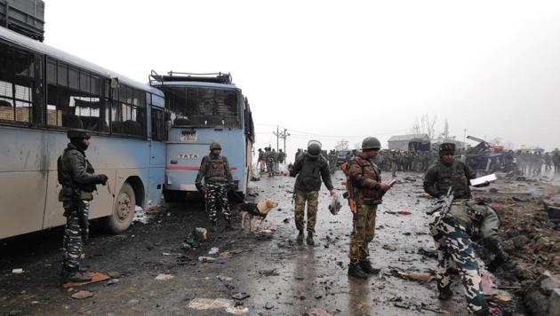 Soldiers at the explosion site in Lethpora in south Kashmir's Pulwama district. (Reuters photo) Soldiers at the explosion site in Lethpora in south Kashmir's Pulwama district. (Reuters photo)