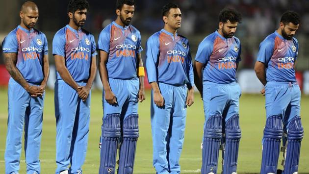 India's captain Virat Kohli, right and other players pay tributes to Indian soldiers killed in a suicide attack in Kashmir before the first Twenty20 international cricket match between India and Australia, at Visakhapatnam, India, Sunday, Feb. 24, 2019 (AP) India's captain Virat Kohli, right and other players pay tributes to Indian soldiers killed in a suicide attack in Kashmir before the first Twenty20 international cricket match between India and Australia, at Visakhapatnam, India, Sunday, Feb. 24, 2019 (AP)