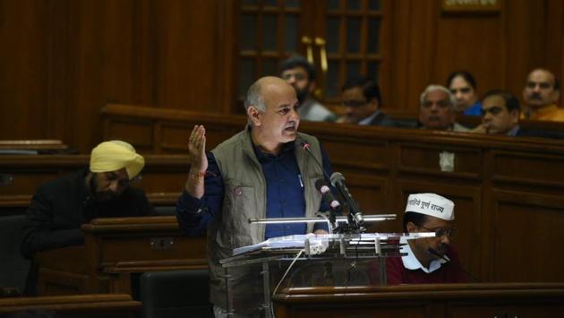 The AAP government today presented a Rs 60,000 crore budget for 2019-20 laying emphasis on the education, health and transport sectors and said it is “two times more” than the one presented in 2014-15. Presenting the budget in the Delhi Legislative Assembly, Deputy Chief Minister Manish Sisodia said the budget is dedicated to soldiers martyred in the Pulwama attack. (Sonu Mehta / HT Photo) The AAP government today presented a Rs 60,000 crore budget for 2019-20 laying emphasis on the education, health and transport sectors and said it is “two times more” than the one presented in 2014-15. Presenting the budget in the Delhi Legislative Assembly, Deputy Chief Minister Manish Sisodia said the budget is dedicated to soldiers martyred in the Pulwama attack. (Sonu Mehta / HT Photo)