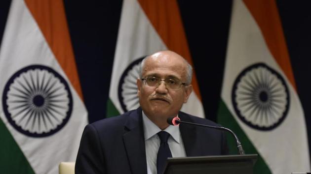 Foreign Secretary Vijay Gokhale addressing media in New Delhi on Tuesday.(Vipin Kumar/HT photo)