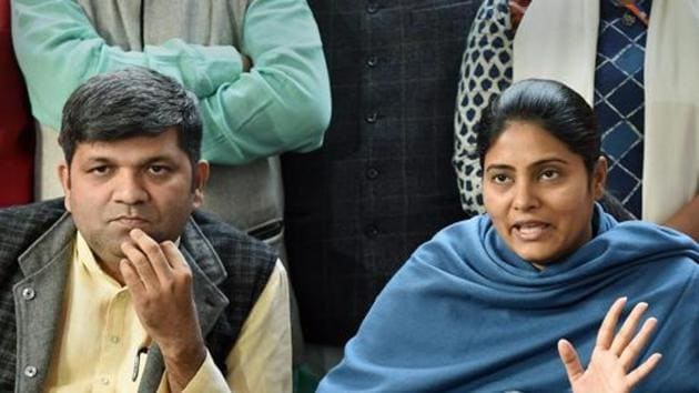 Apna Dal (S) leader Anupriya Patel with party President Ashish Patel addresses a press conference, in Lucknow(PTI)