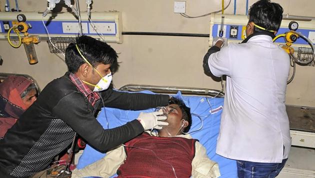 Meerut: Victims undergo treatment after consuming a spurious liquor at Saharanpur, Meerut, Feb 9(PTI)