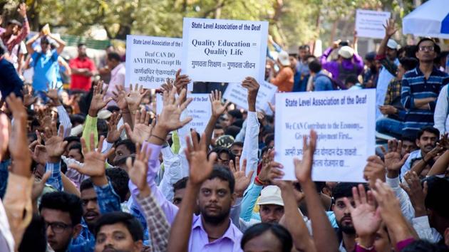 According to Aniket Selgaonkar, vice-president, of the association, the protestors were seeking replies from the department for their basic demands of inclusive education system that meets the needs of deaf students. (SANKET WANKHADE/HT PHOTO) 