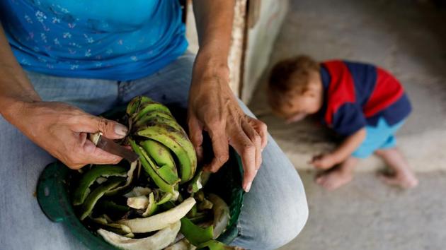 Maira Guitia, the grandmother of Yeibe Medina prepares plantains at home. Work is scarce and they live off payments for odd jobs and a monthly government handout of heavily-subsidised basic food supplies. They have taken to inventing meals with what little they have like lentils with plantain from the trees in their backyard. (Carlos Garcia Rawlins / REUTERS) Maira Guitia, the grandmother of Yeibe Medina prepares plantains at home. Work is scarce and they live off payments for odd jobs and a monthly government handout of heavily-subsidised basic food supplies. They have taken to inventing meals with what little they have like lentils with plantain from the trees in their backyard. (Carlos Garcia Rawlins / REUTERS)