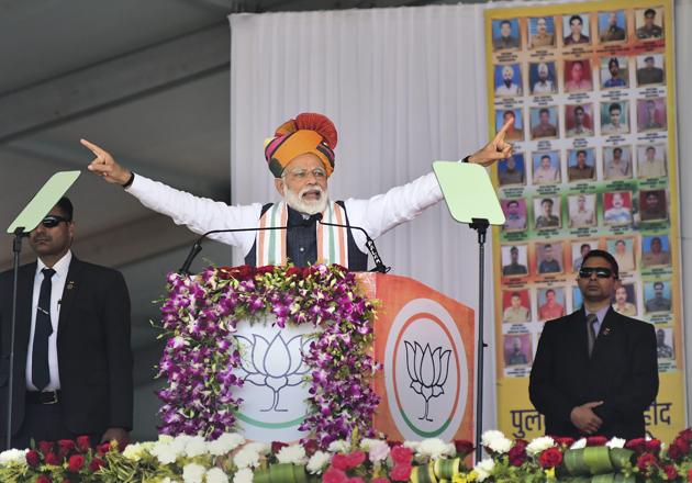 Prime Minister Narendra Modi addresses a public rally in Churu, Rajasthan, Tuesday(PTI)