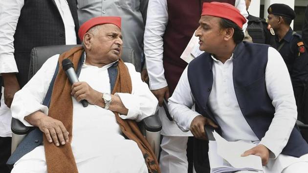 Samajwadi Party leaders Mulayam Singh Yadav and Akhilesh Yadav address their party workers, in Lucknow, Thursday, Feb 21. 2019. (PTI file photo) Samajwadi Party leaders Mulayam Singh Yadav and Akhilesh Yadav address their party workers, in Lucknow, Thursday, Feb 21. 2019. (PTI file photo)
