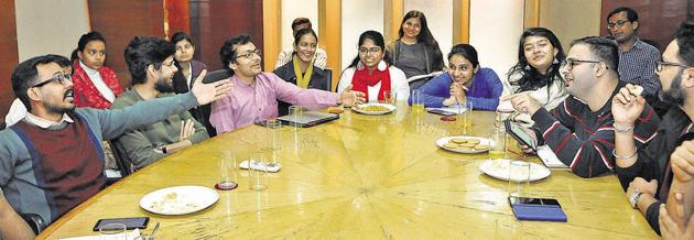 Young voters of Lucknow on Tuesday said they will step into the shoes of iconic fictional detective Sherlock Holmes when indelible ink is applied on their index finger during the general election. (Dheeraj Dhwan/HT Photo) Young voters of Lucknow on Tuesday said they will step into the shoes of iconic fictional detective Sherlock Holmes when indelible ink is applied on their index finger during the general election. (Dheeraj Dhwan/HT Photo)