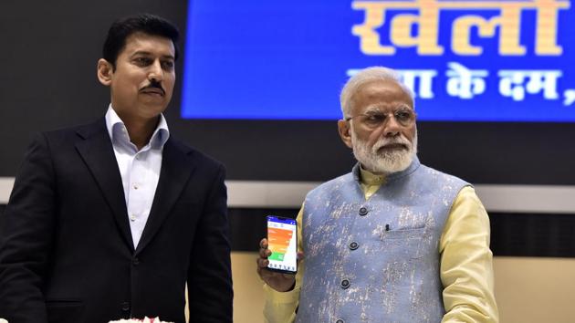 New Delhi, India - Feb. 27, 2019: Prime Minister Narendra Modi with Youth and Sports Minister Rajyavardhan Rathore launches the 'Khelo India' mobile application(Mohd Zakir/HT PHOTO)