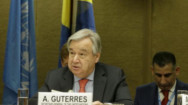 UN Secretary-General Antonio Guterres at the European headquarters of the United Nations in Geneva, Switzerland on February 26.(AP Photo)