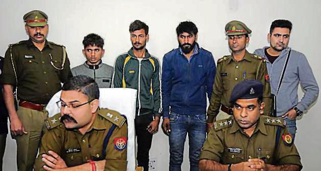 The accused were identified as Ashish Verma (the employee) of Azamgarh, Chahat Upadhyay of Gijhor and Bhura Yadav of Aligarh. Two of the suspects — Pramod and Yakesh (single names) — are on the run and police are working on leads to nab them. (Sunil Ghosh/HT Photo) The accused were identified as Ashish Verma (the employee) of Azamgarh, Chahat Upadhyay of Gijhor and Bhura Yadav of Aligarh. Two of the suspects — Pramod and Yakesh (single names) — are on the run and police are working on leads to nab them. (Sunil Ghosh/HT Photo)