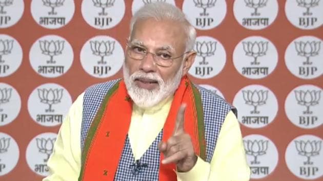 Prime Minister Narendra Modi during his interaction with BJP workers through video-conferencing on Thursday. (Photo: Twitter/@BJP4India) Prime Minister Narendra Modi during his interaction with BJP workers through video-conferencing on Thursday. (Photo: Twitter/@BJP4India)