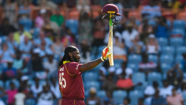 Chris Gayle of West Indies celebrates achieving 10,000 ODI runs during the 4th ODI between West Indies and England at Grenada National Cricket Stadium. (AFP) Chris Gayle of West Indies celebrates achieving 10,000 ODI runs during the 4th ODI between West Indies and England at Grenada National Cricket Stadium. (AFP)