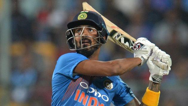 Indian batsmen K.L. Rahul plays a shot during the second Twenty20 international cricket match between India and Australia at the M. Chinnaswamy Stadium in Bangalore.(AFP)