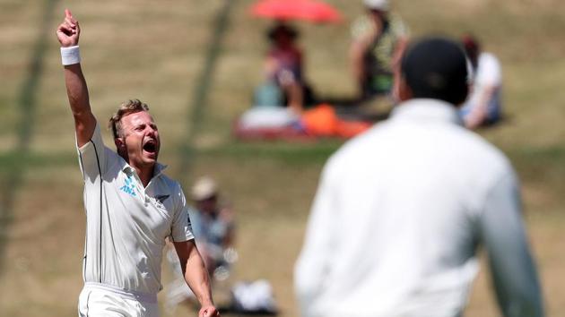 New Zealand's Neil Wagner celebrates the wicket of Bangladesh's Mominul Haque during day one of the first cricket Test match.(AFP)