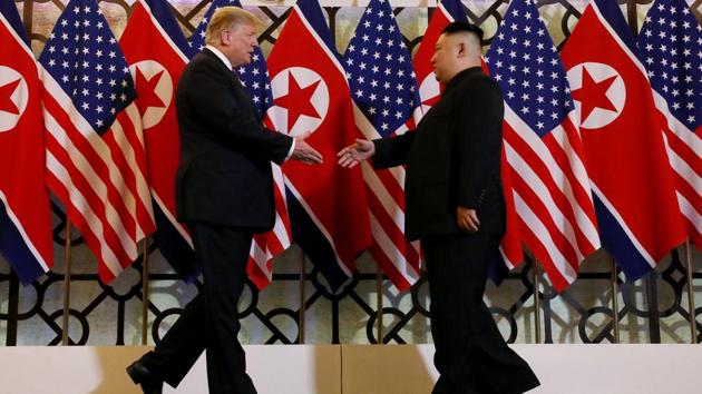 US President Donald Trump and North Korean leader Kim Jong un shake hands before their one-on-one chat during the second US-North Korea summit at the Metropole Hotel in Hanoi, Vietnam on February 27, 2019. Yesterday’s one-on-one meeting between the two leaders consisted largely of reminiscences of last year’s historic summit in Singapore. (Leah Millis / REUTERS)
