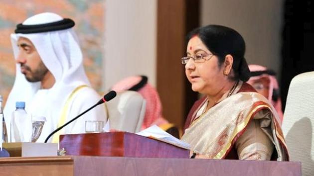 External Affairs Minister Sushma Swaraj at OIC meeting in Abu Dhabi, Friday March 1, 2019.(Photo Credit: Twitter @MEAIndia)