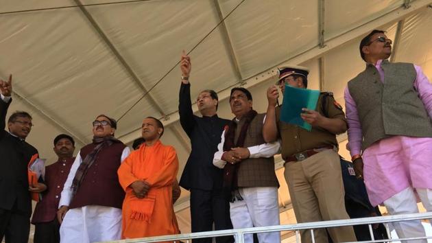 Chief minister Yogi Adityanath, along with state BJP chief Mahendra Nath Pandey and UP minister Mohsin Raza, on Thursday inspected the site where the PM is scheduled to hold a rally (HT) Chief minister Yogi Adityanath, along with state BJP chief Mahendra Nath Pandey and UP minister Mohsin Raza, on Thursday inspected the site where the PM is scheduled to hold a rally (HT)