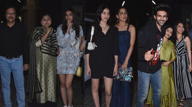 Kriti Sanon with family, Ananya Panday, Sara Ali Khan and Kartik Aaryan with his family at Luka Chuppi screening in Mumbai.(Varinder Chawla)