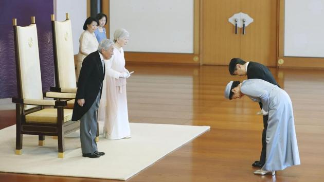Japan’s Emperor Akihito and Empress Michiko receive the greetings of Crown Prince Naruhito and Crown Princess Masako as a part of the ceremony marking 30th anniversary of Emperor Akihito’s jubilee at the Imperial Palace in Tokyo, Japan. (Kyodo via REUTERS ) Japan’s Emperor Akihito and Empress Michiko receive the greetings of Crown Prince Naruhito and Crown Princess Masako as a part of the ceremony marking 30th anniversary of Emperor Akihito’s jubilee at the Imperial Palace in Tokyo, Japan. (Kyodo via REUTERS )