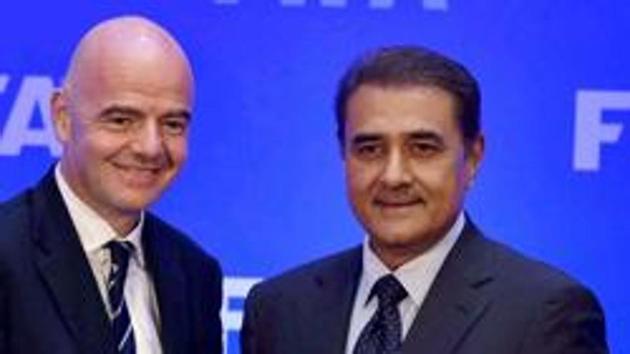 FIFA President Gianni Infantino and AIFF President Praful Patel exchange greetings at the end of an interaction with media after FIFA Council meeting in Kolkata on Friday.(PTI) FIFA President Gianni Infantino and AIFF President Praful Patel exchange greetings at the end of an interaction with media after FIFA Council meeting in Kolkata on Friday.(PTI)
