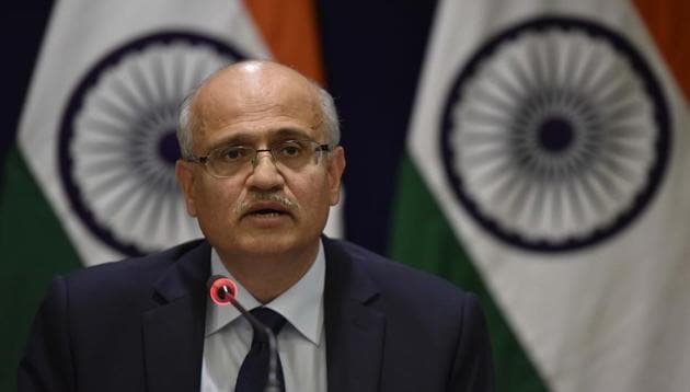 Foreign Secretary Vijay Gokhale briefs the media regarding India’s airstrikes on the Jaish-e-Mohammed’s biggest camp in Pakistan’s Balakot town on February 26, 2019(Vipin Kumar/HT PHOTO)