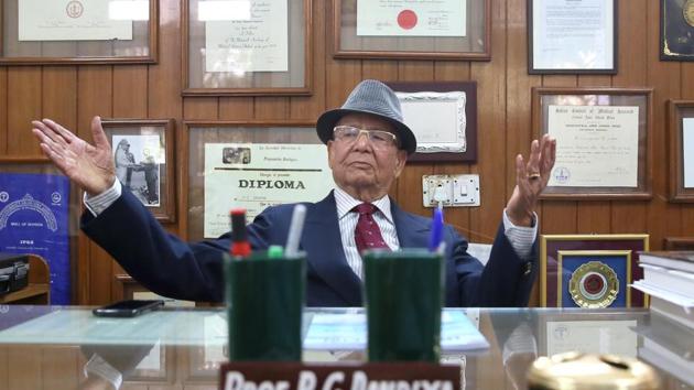 Distinguished Professor Emeritus Dr P C Dandiya in the backdrop of his numerous academic achievements framed in his room at SMS Medical college, in Jaipur (Himanshu Vyas/ Hindustan times) Distinguished Professor Emeritus Dr P C Dandiya in the backdrop of his numerous academic achievements framed in his room at SMS Medical college, in Jaipur (Himanshu Vyas/ Hindustan times)