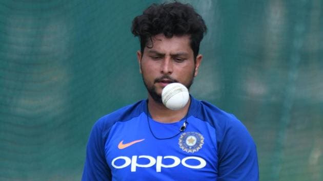 Kuldeep Yadav bowls at a practice session ahead of the first one day international (ODI) match between India and Australia.(AFP)