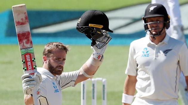 New Zealand's Kane Williamson celebrates his century (100 runs) during day three of the first cricket Test match between New Zealand and Bangladesh.(AFP)