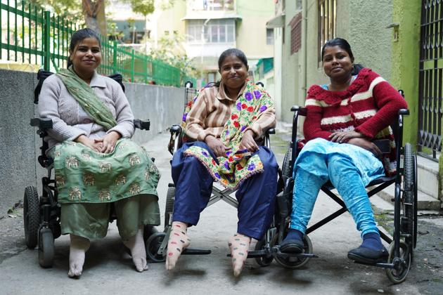 Renu, Nitu and Sonia who are muscular dystrophic are earning livelihood for their family.(Gokul VS/Hindustan Times)