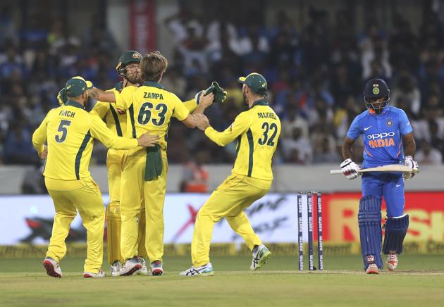 Australia celebrate Ambati Rayudu’s dismissal. (AP)