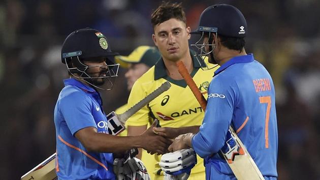 MS Dhoni and Kedar Jadhav celebrate India’s first ODI win against Australia. (PTI) MS Dhoni and Kedar Jadhav celebrate India’s first ODI win against Australia. (PTI)