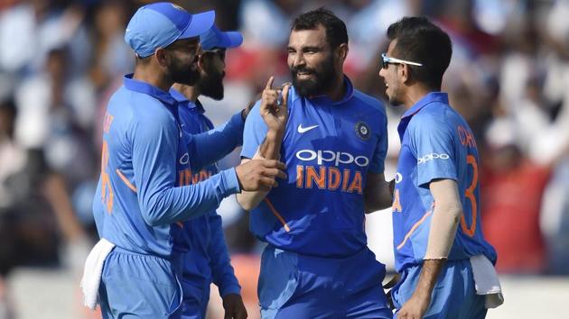 Mohammed Shami (centre) celebrates the dismissal of Australia's Glenn Maxwell. (PTI) Mohammed Shami (centre) celebrates the dismissal of Australia's Glenn Maxwell. (PTI)