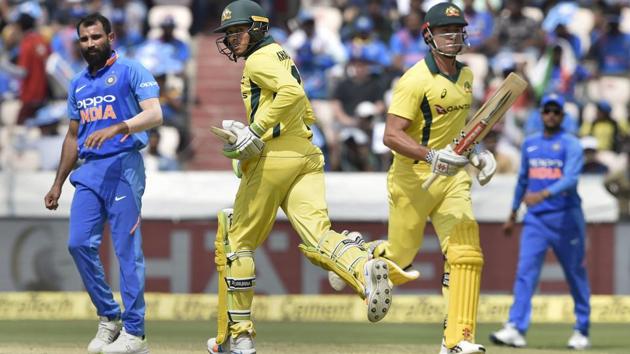 Australian players Usman Khawaja and Marcus Stoinis take runs on the first One Day International series match between India and Australia in Hyderabad. The visitors won the T20I series 2-0 and Kohli and Co look to hit back in their final international series before the World Cup in UK later this year. (R Senthil Kumar / PTI) Australian players Usman Khawaja and Marcus Stoinis take runs on the first One Day International series match between India and Australia in Hyderabad. The visitors won the T20I series 2-0 and Kohli and Co look to hit back in their final international series before the World Cup in UK later this year. (R Senthil Kumar / PTI)