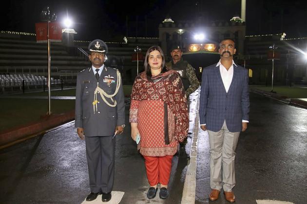 Wagah: Indian Air Force (IAF) pilot Wing Commander Abhinandan Varthaman as he is released by Pakistan authorities at Wagah border on the Pakistani side, Friday, March 1, 2019. (PTI) Wagah: Indian Air Force (IAF) pilot Wing Commander Abhinandan Varthaman as he is released by Pakistan authorities at Wagah border on the Pakistani side, Friday, March 1, 2019. (PTI)