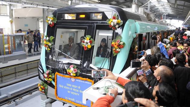 The Noida Metro Rail Corporation (NMRC) on Friday said that it will finish the construction of a 300-metre walkway and e-rickshaw track to connect the Aqua Line with the Delhi Metro’s Blue Line in one month.. (Photo by Sunil Ghosh / Hindustan Times)(HT Photo) The Noida Metro Rail Corporation (NMRC) on Friday said that it will finish the construction of a 300-metre walkway and e-rickshaw track to connect the Aqua Line with the Delhi Metro’s Blue Line in one month.. (Photo by Sunil Ghosh / Hindustan Times)(HT Photo)