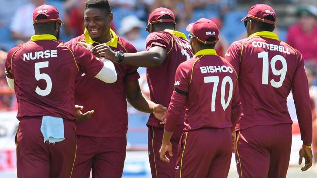 Oshane Thomas (2L) of West Indies celebrates the dismissal of Tom Curran of England. (AFP) Oshane Thomas (2L) of West Indies celebrates the dismissal of Tom Curran of England. (AFP)