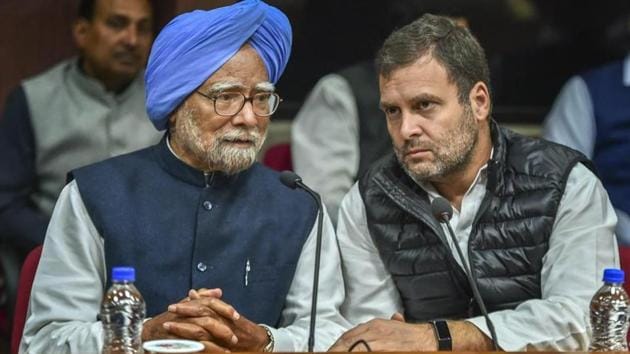 Former prime minister Manmohan Singh and Congress president Rahul Gandhi during Opposition parties' meeting to discuss the Common Minimum Programme (CMP) and chalk out future strategy for the Lok Sabha polls, at Parliament House complex in New Delhi, Wednesday, Feb 27, 2019.(PTI photo)