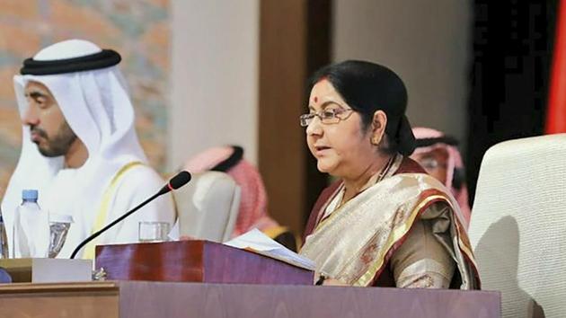 External affairs minister Sushma Swaraj addressed the inaugural session of the meeting on Friday as a guest of honour and made a thinly veiled attack on Pakistan-backed terrorism(PTI)