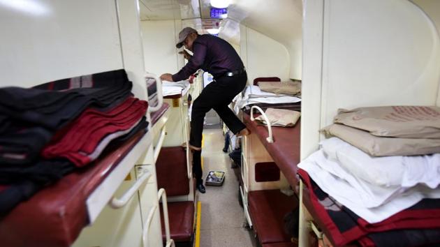 In the early days, coach attendants escorted passengers to their seats, carried luggage either to the seats or to the luggage rooms. Initially, there were just chair cars and sleeper vans and in the sleeper vans, each compartment had a pedal-operated wash basin and a small cupboard. Music and recordings of the news broadcast on AIR played and there was also a lounge for passengers to socialise. (Arijit Sen / HT Photo) In the early days, coach attendants escorted passengers to their seats, carried luggage either to the seats or to the luggage rooms. Initially, there were just chair cars and sleeper vans and in the sleeper vans, each compartment had a pedal-operated wash basin and a small cupboard. Music and recordings of the news broadcast on AIR played and there was also a lounge for passengers to socialise. (Arijit Sen / HT Photo)