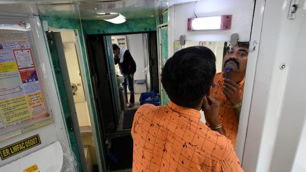 The wash basins and cupboards in each compartment have disappeared, but there are disposable toilet seat covers. The water cooler has given way to packaged drinking water; there are sachets of tea, coffee, salt, pepper, butter and ketchup on meal trays. (Arijit Sen / HT Photo) The wash basins and cupboards in each compartment have disappeared, but there are disposable toilet seat covers. The water cooler has given way to packaged drinking water; there are sachets of tea, coffee, salt, pepper, butter and ketchup on meal trays. (Arijit Sen / HT Photo)