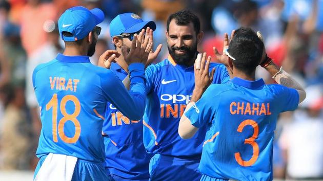 File image of Mohammed Shami celebrating a wicket with his teammates.(AFP)